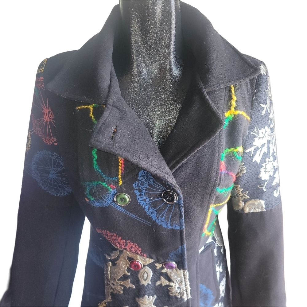 Goa Black Double Breasted Multi Colored Detail Mid-length Coat Size M - Picture 3 of 10